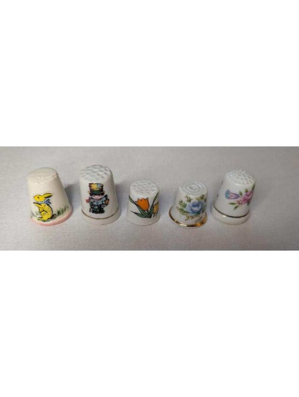 5 Vintage Porcelain & Bone China Thimbles Bunny Flowers